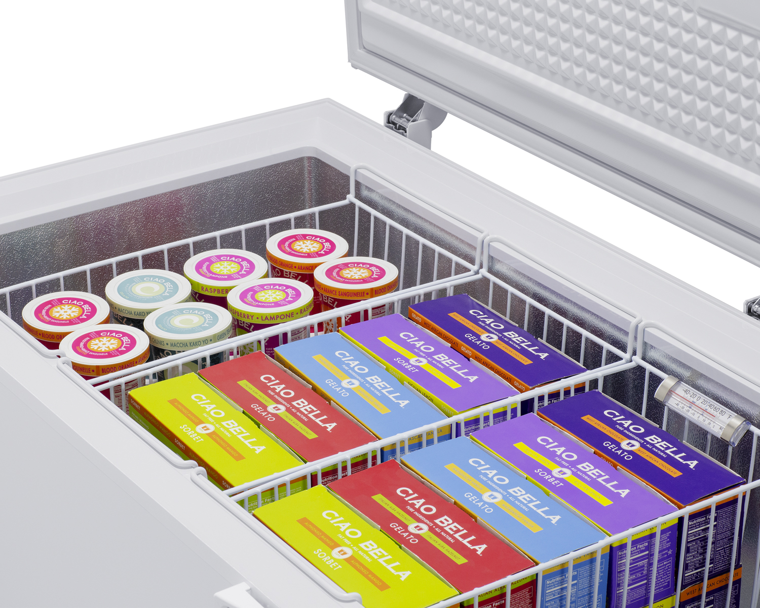 Commercially listed 17.2 cu.ft. manual defrost chest freezer in white with stainless steel corner guards and lock